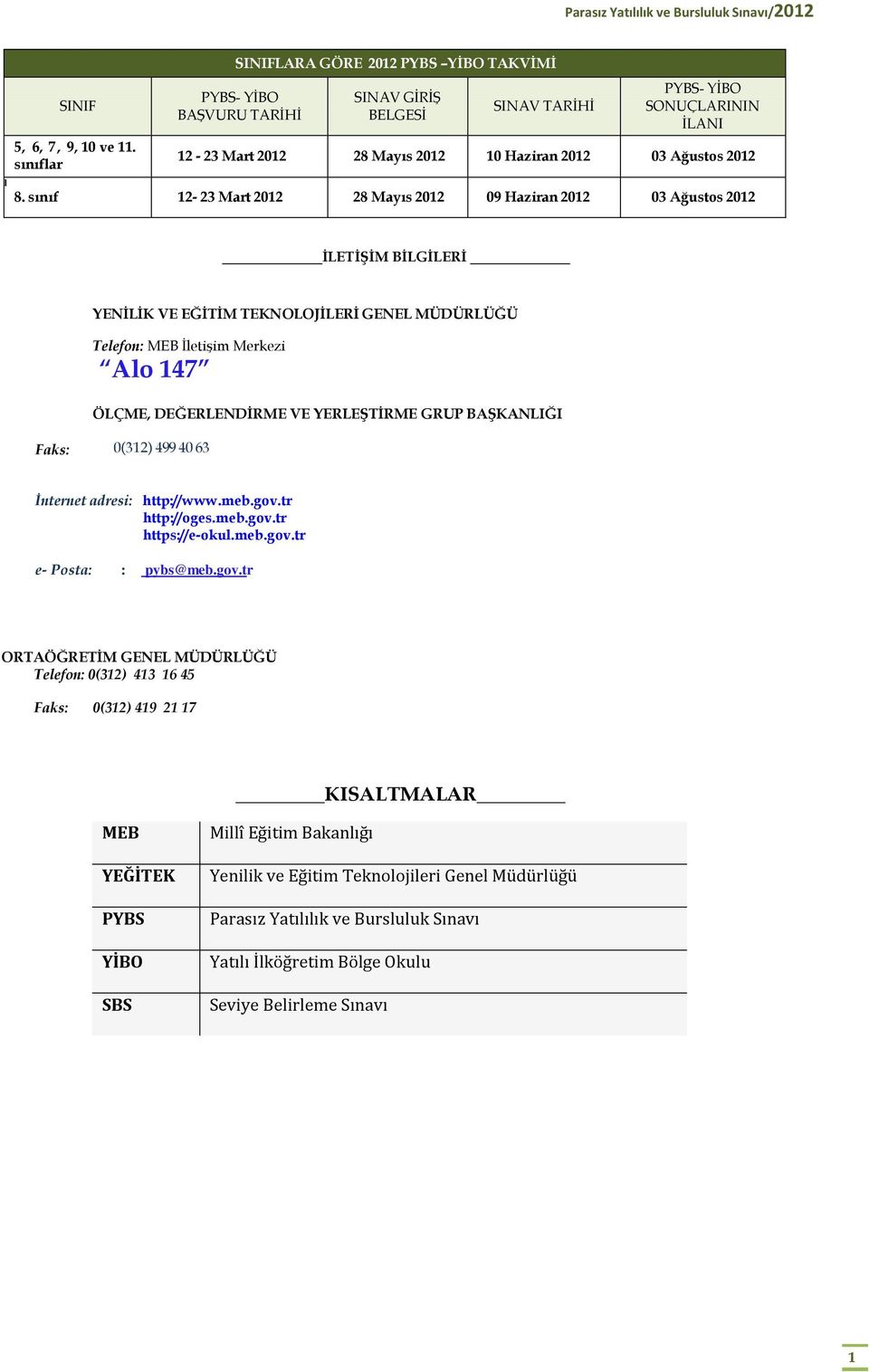 sınıf 12-23 Mart 2012 28 Mayıs 2012 09 Haziran 2012 03 Ağustos 2012 İLETİŞİM BİLGİLERİ YENİLİK VE EĞİTİM TEKNOLOJİLERİ GENEL MÜDÜRLÜĞÜ Telefon: MEB İletişim Merkezi Alo 147 ÖLÇME, DEĞERLENDİRME VE