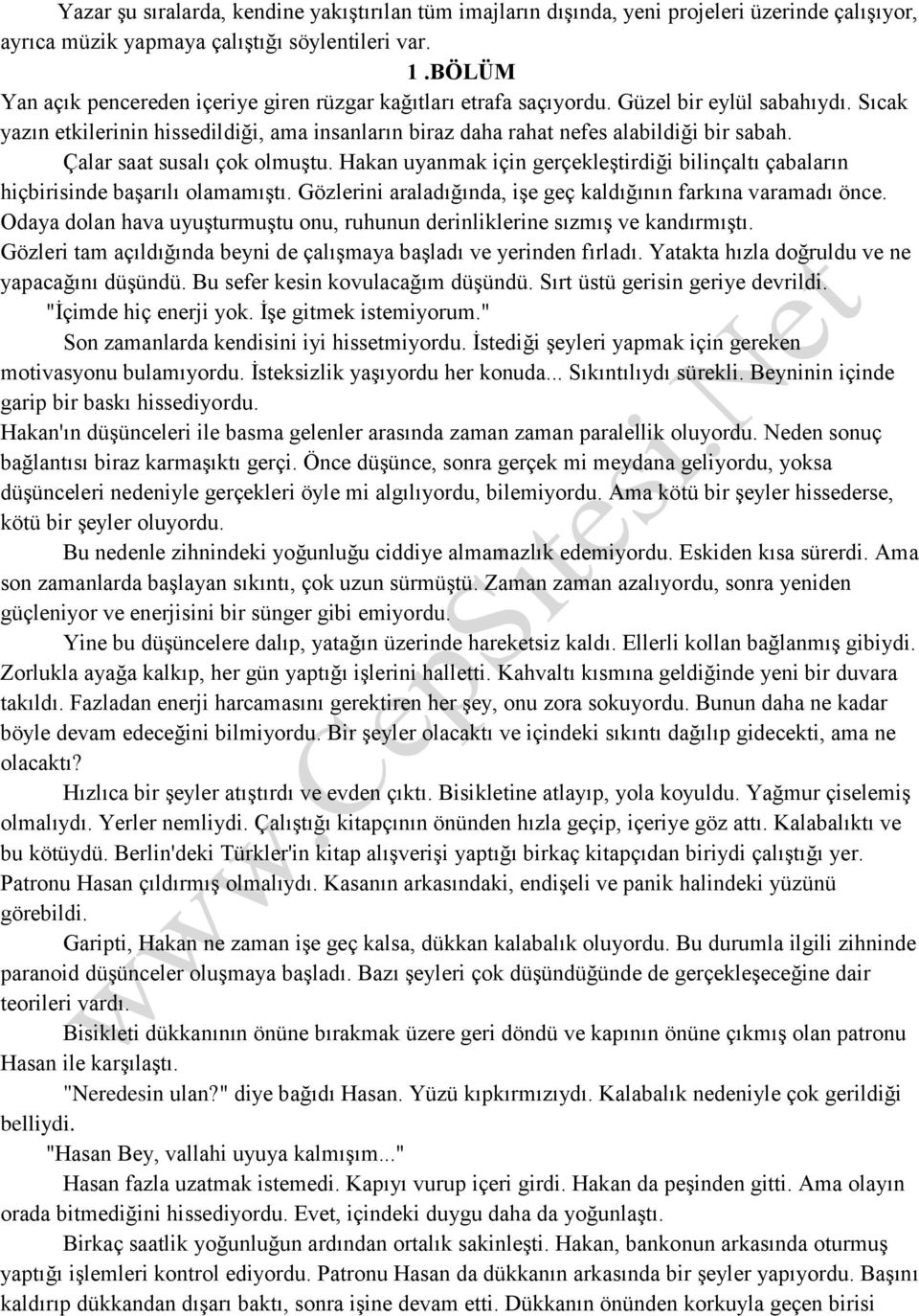 Çalar saat susalı çok olmuştu. Hakan uyanmak için gerçekleştirdiği bilinçaltı çabaların hiçbirisinde başarılı olamamıştı. Gözlerini araladığında, işe geç kaldığının farkına varamadı önce.