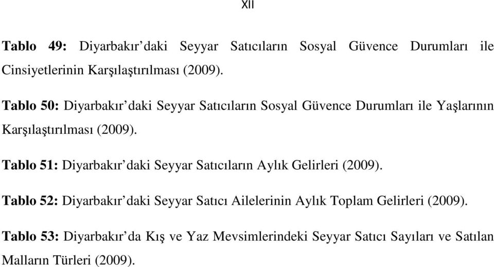 Tablo 51: Diyarbakır daki Seyyar Satıcıların Aylık Gelirleri (2009).