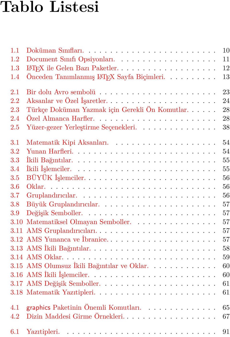 3 Türkçe Doküman Yazmak için Gerekli Ön Komutlar...... 28 2.4 Özel Almanca Harfler....................... 28 2.5 Yüzer-gezer Yerleştirme Seçenekleri............... 38 3.1 Matematik Kipi Aksanları.