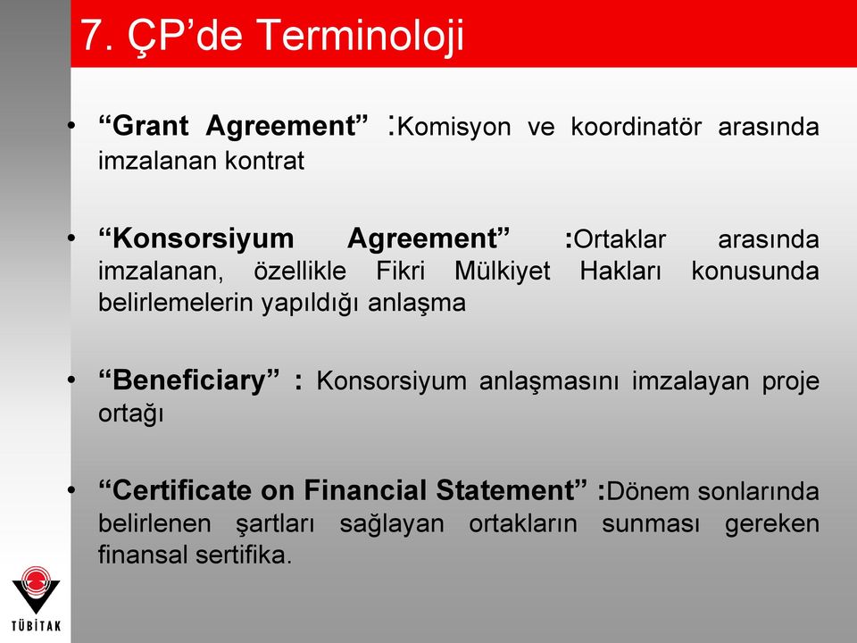 yapıldığı anlaşma Beneficiary : Konsorsiyum anlaşmasını imzalayan proje ortağı Certificate on