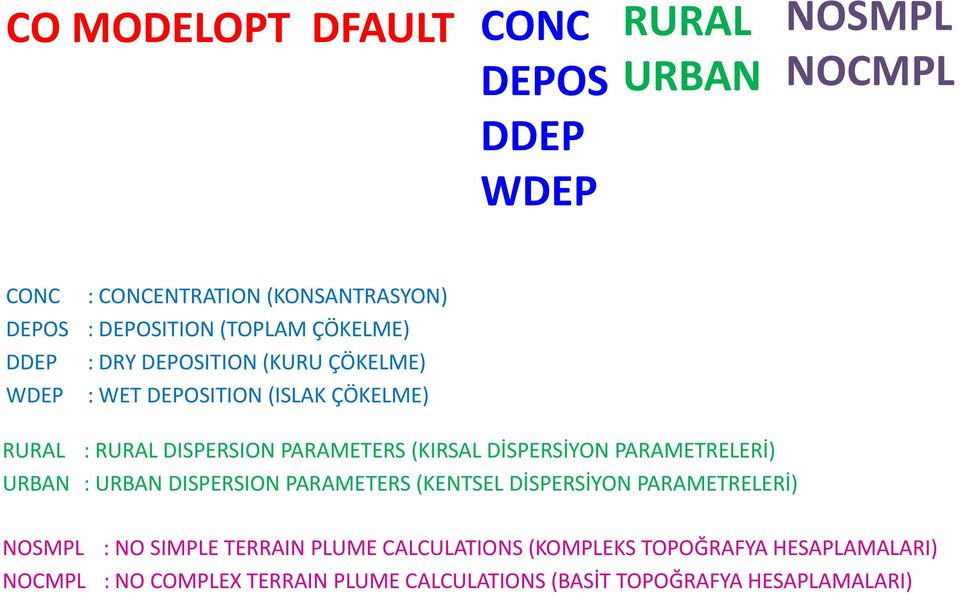 (KIRSAL DİSPERSİYON PARAMETRELERİ) URBAN : URBAN DISPERSION PARAMETERS (KENTSEL DİSPERSİYON PARAMETRELERİ) NOSMPL NOCMPL : NO