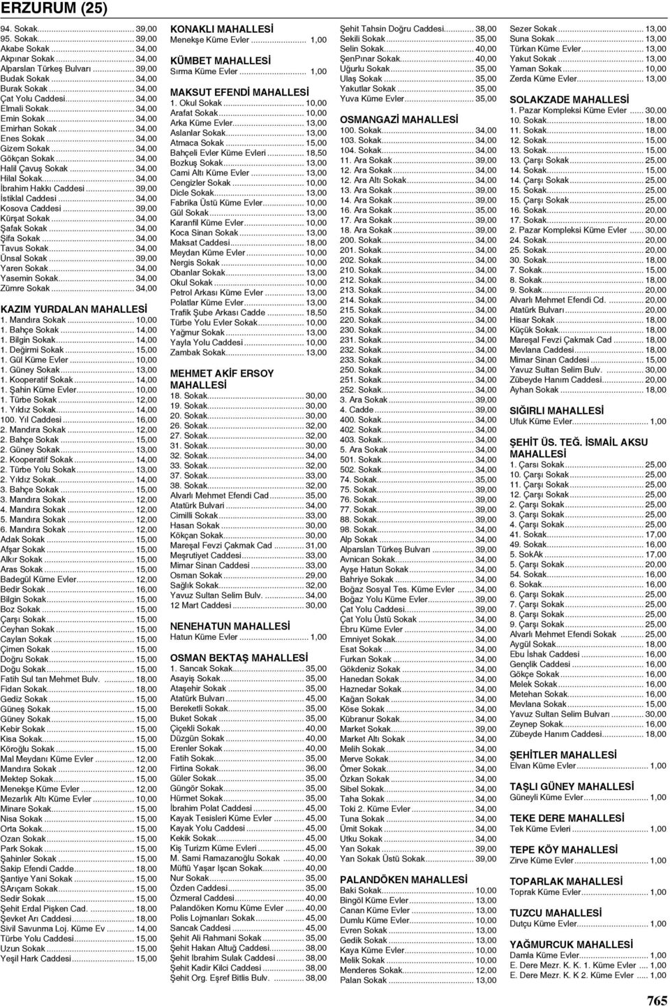 .. 39,00 İstiklal Caddesi... 34,00 Kosova Caddesi... 39,00 Kürşat Sokak... 34,00 Şafak Sokak... 34,00 Şifa Sokak... 34,00 Tavus Sokak... 34,00 Ünsal Sokak... 39,00 Yaren Sokak... 34,00 Yasemin Sokak.