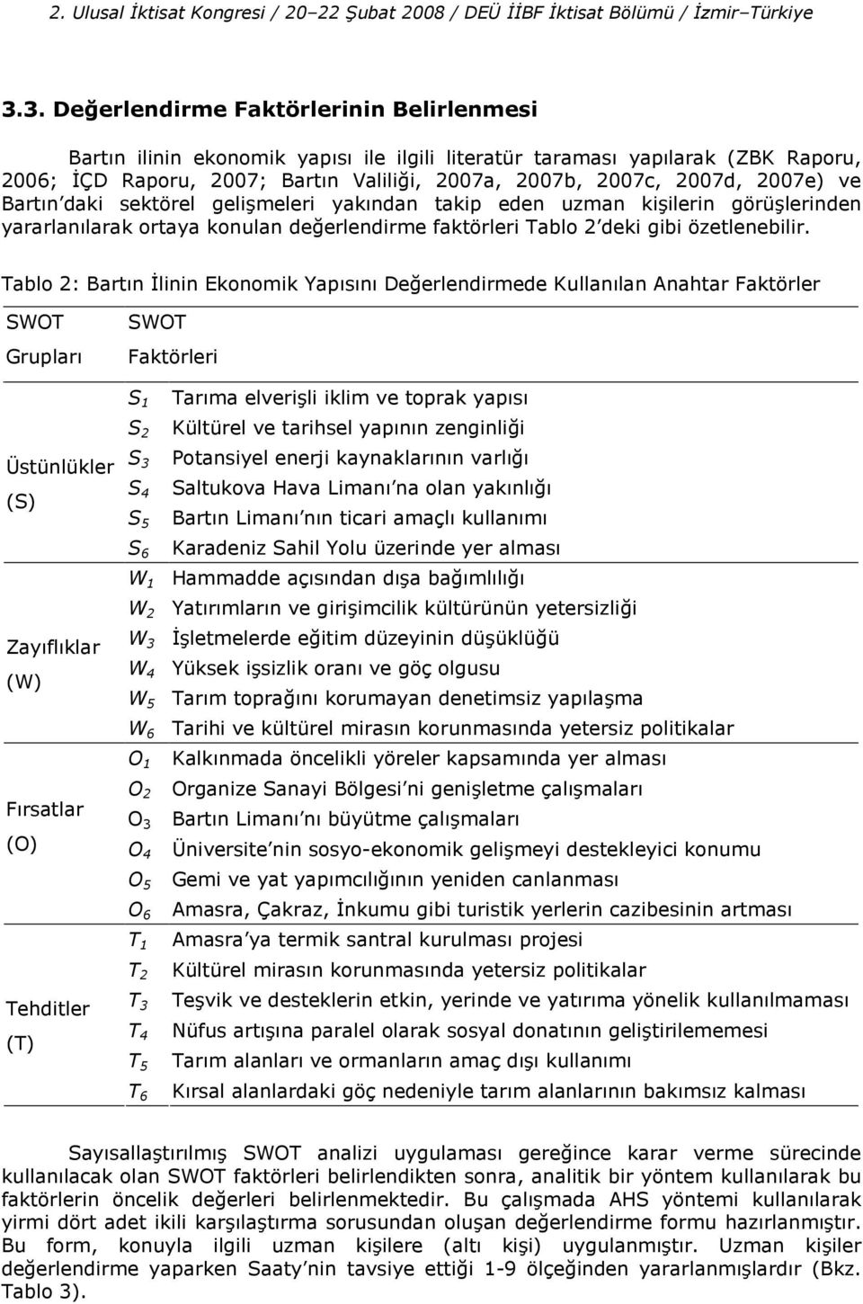 Tablo 2: Bartn 'linin Ekonomik Yapsn De%erlendirmede Kullanlan Anahtar Faktörler SWOT Gruplar SWOT Faktörleri Üstünlükler (S) Zayflklar (W) Frsatlar (O) Tehditler (T) S 1 S 2 S 3 S 4 S 5 S 6 W 1 W 2