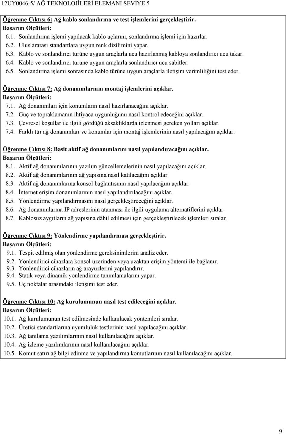 Kablo ve sonlandırıcı türüne uygun araçlarla sonlandırıcı ucu sabitler. 6.5. Sonlandırma işlemi sonrasında kablo türüne uygun araçlarla iletişim verimliliğini test eder.