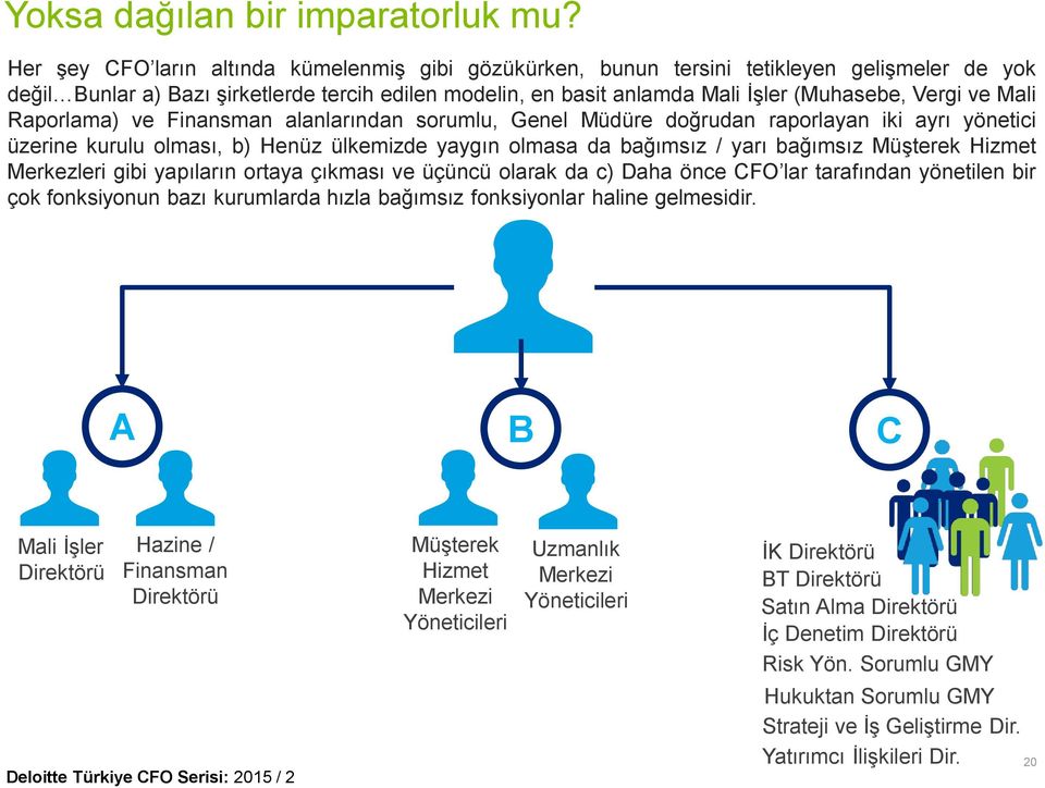 ve Mali Raporlama) ve Finansman alanlarından sorumlu, Genel Müdüre doğrudan raporlayan iki ayrı yönetici üzerine kurulu olması, b) Henüz ülkemizde yaygın olmasa da bağımsız / yarı bağımsız Müşterek