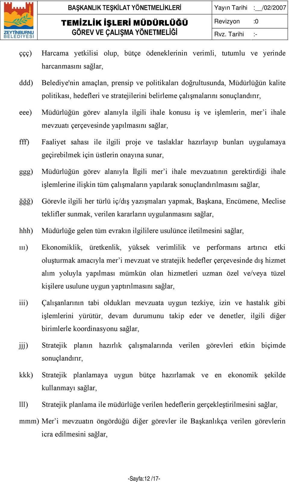 çerçevesinde yapılmasını sağlar, Faaliyet sahası ile ilgili proje ve taslaklar hazırlayıp bunları uygulamaya geçirebilmek için üstlerin onayına sunar, Müdürlüğün görev alanıyla İlgili mer i ihale