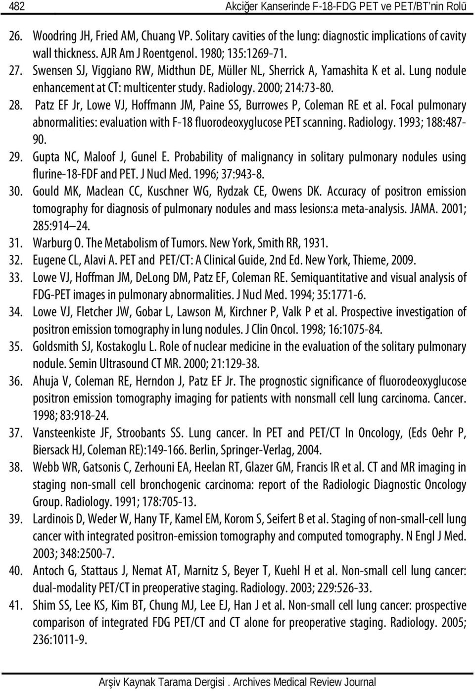 Patz EF Jr, Lowe VJ, Hoffmann JM, Paine SS, Burrowes P, Coleman RE et al. Focal pulmonary abnormalities: evaluation with F-18 fluorodeoxyglucose PET scanning. Radiology. 1993; 188:487-90. 29.