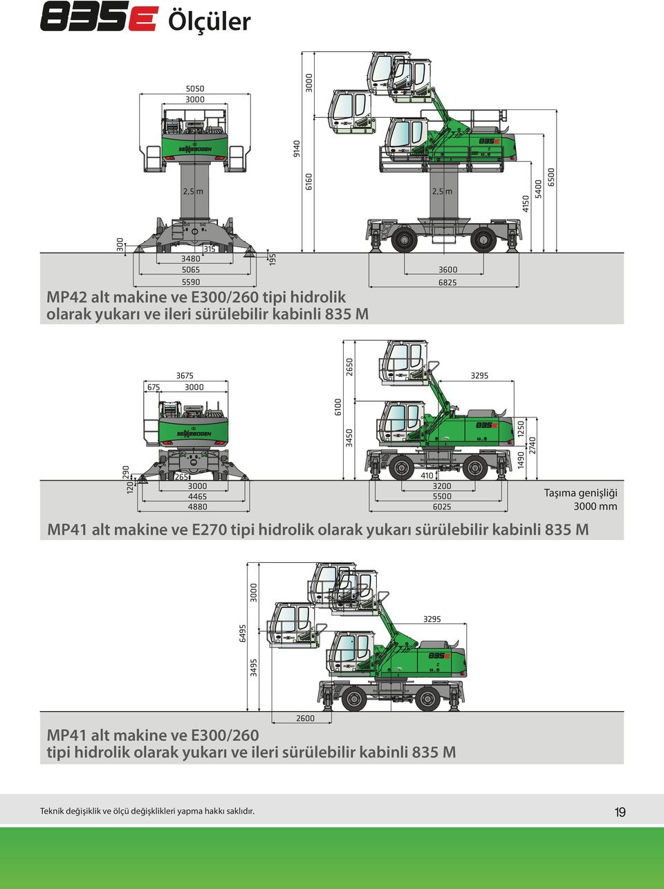 4880 Taşıma genişliği 3000 mm 3000 MP41 alt makine ve E270 tipi hidrolik olarak yukarı sürülebilir kabinli 835 M 3495 6495 3295 2600 MP41 alt