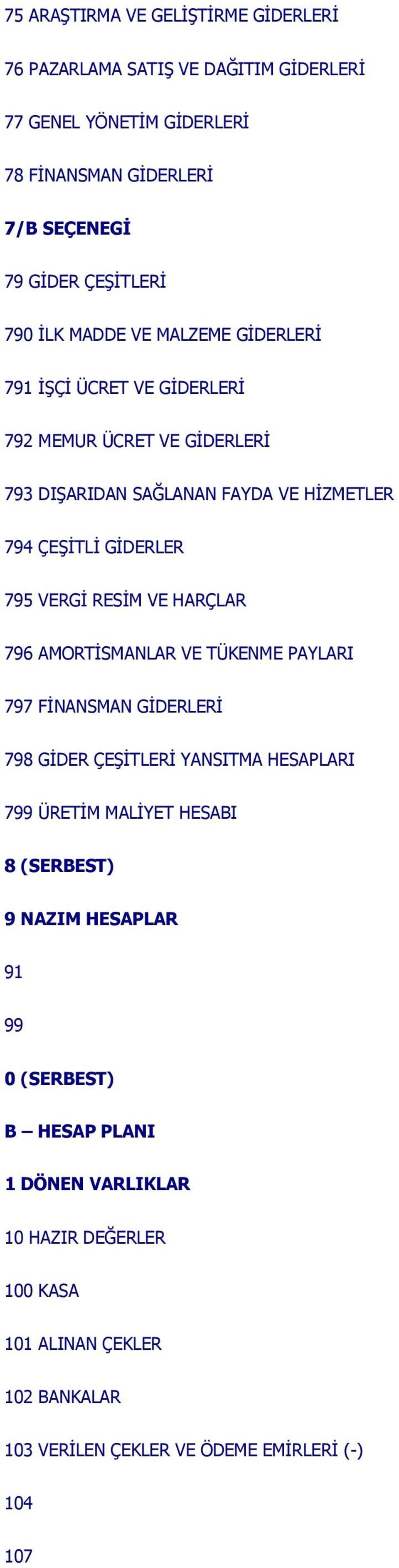 RESİM VE HARÇLAR 796 AMORTİSMANLAR VE TÜKENME PAYLARI 797 FİNANSMAN GİDERLERİ 798 GİDER ÇEŞİTLERİ YANSITMA HESAPLARI 799 ÜRETİM MALİYET HESABI 8 (SERBEST) 9 NAZIM