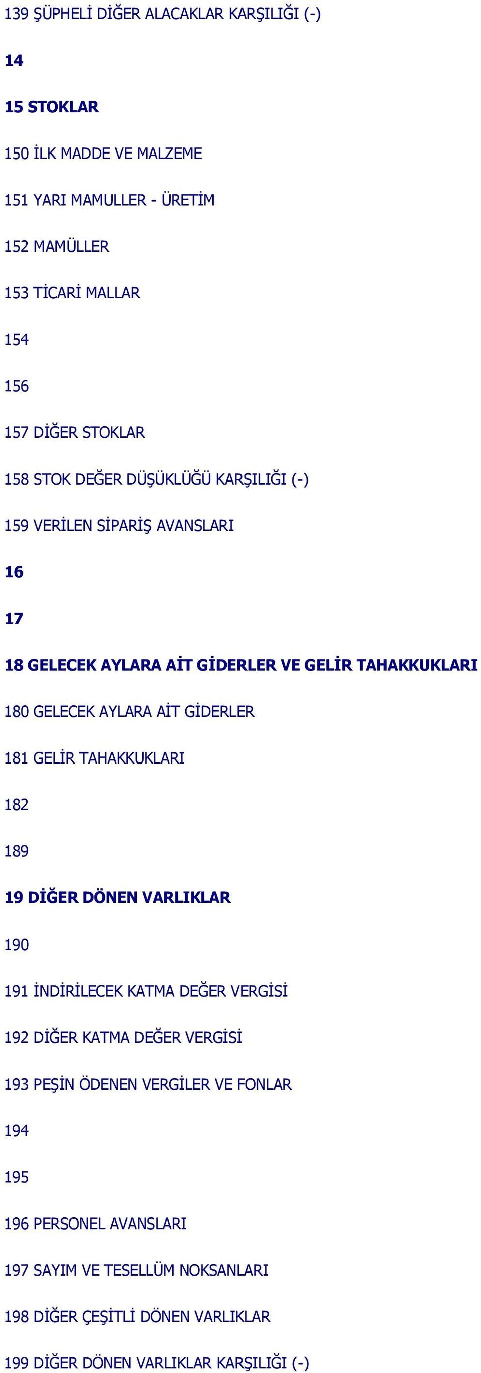 AYLARA AİT GİDERLER 181 GELİR TAHAKKUKLARI 182 189 19 DİĞER DÖNEN VARLIKLAR 190 191 İNDİRİLECEK KATMA DEĞER VERGİSİ 192 DİĞER KATMA DEĞER VERGİSİ 193 PEŞİN