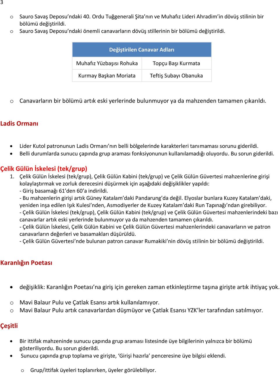 Değiştirilen Canavar Adları Muhafız Yüzbaşısı Rohuka Kurmay Başkan Moriata Topçu Başı Kurmata Teftiş Subayı Obanuka o Canavarların bir bölümü artık eski yerlerinde bulunmuyor ya da mahzenden tamamen