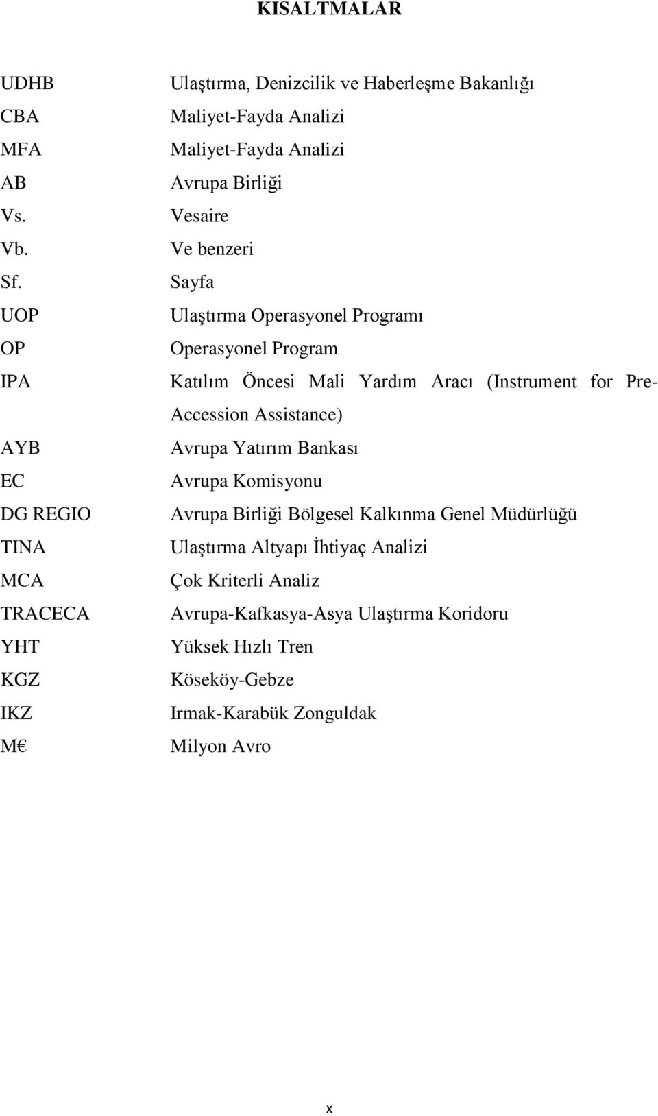 Sayfa UOP Ulaştırma Operasyonel Programı OP Operasyonel Program IPA Katılım Öncesi Mali Yardım Aracı (Instrument for Pre- Accession Assistance) AYB