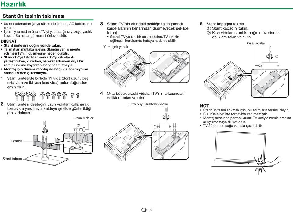 Standı TV ye taktıktan sonra; TV yi dik olarak yerleştirirken, kurarken, hareket ettirirken veya bir zemin üzerine koyarken standdan tutmayın.