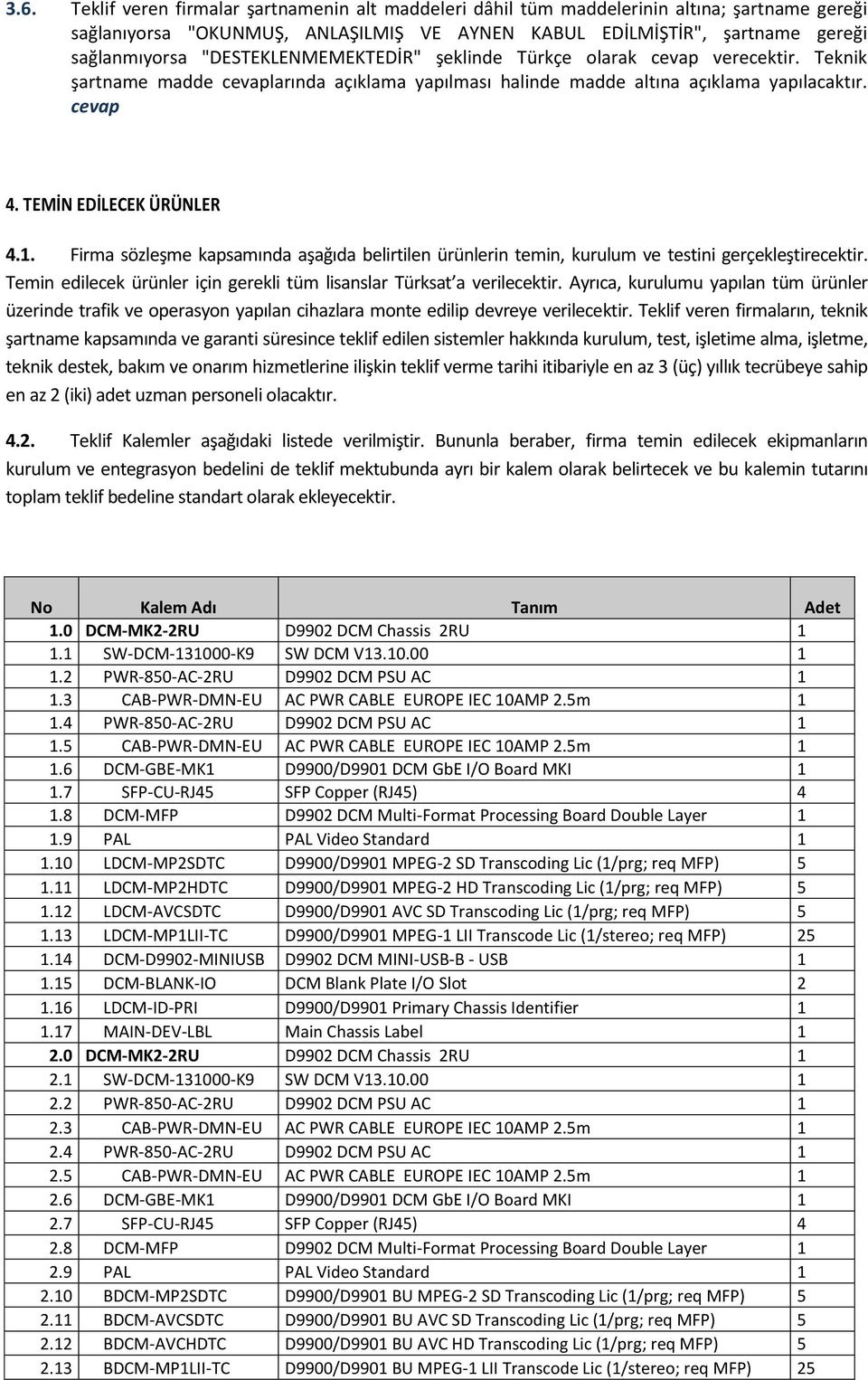 Firma sözleşme kapsamında aşağıda belirtilen ürünlerin temin, kurulum ve testini gerçekleştirecektir. Temin edilecek ürünler için gerekli tüm lisanslar Türksat a verilecektir.