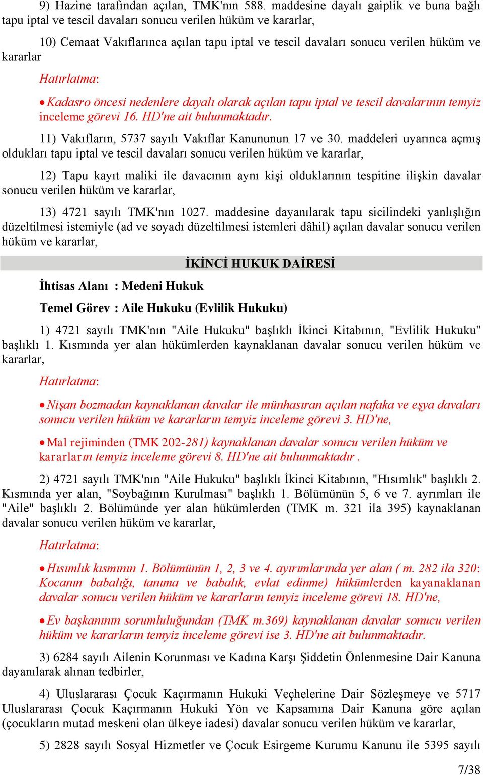 Kadasro öncesi nedenlere dayalı olarak açılan tapu iptal ve tescil davalarının temyiz inceleme görevi 16. HD'ne ait bulunmaktadır. 11) Vakıfların, 5737 sayılı Vakıflar Kanununun 17 ve 30.