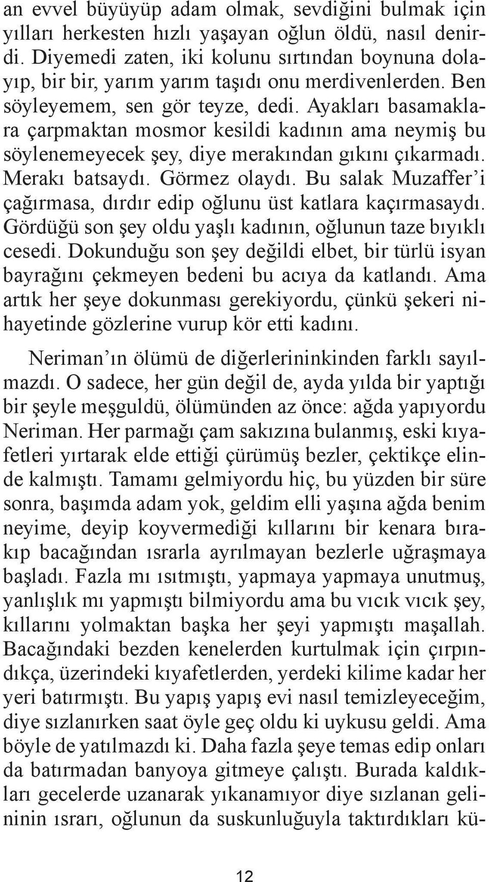 Ayakları basamaklara çarpmaktan mosmor kesildi kadının ama neymiş bu söylenemeyecek şey, diye merakından gıkını çıkarmadı. Merakı batsaydı. Görmez olaydı.