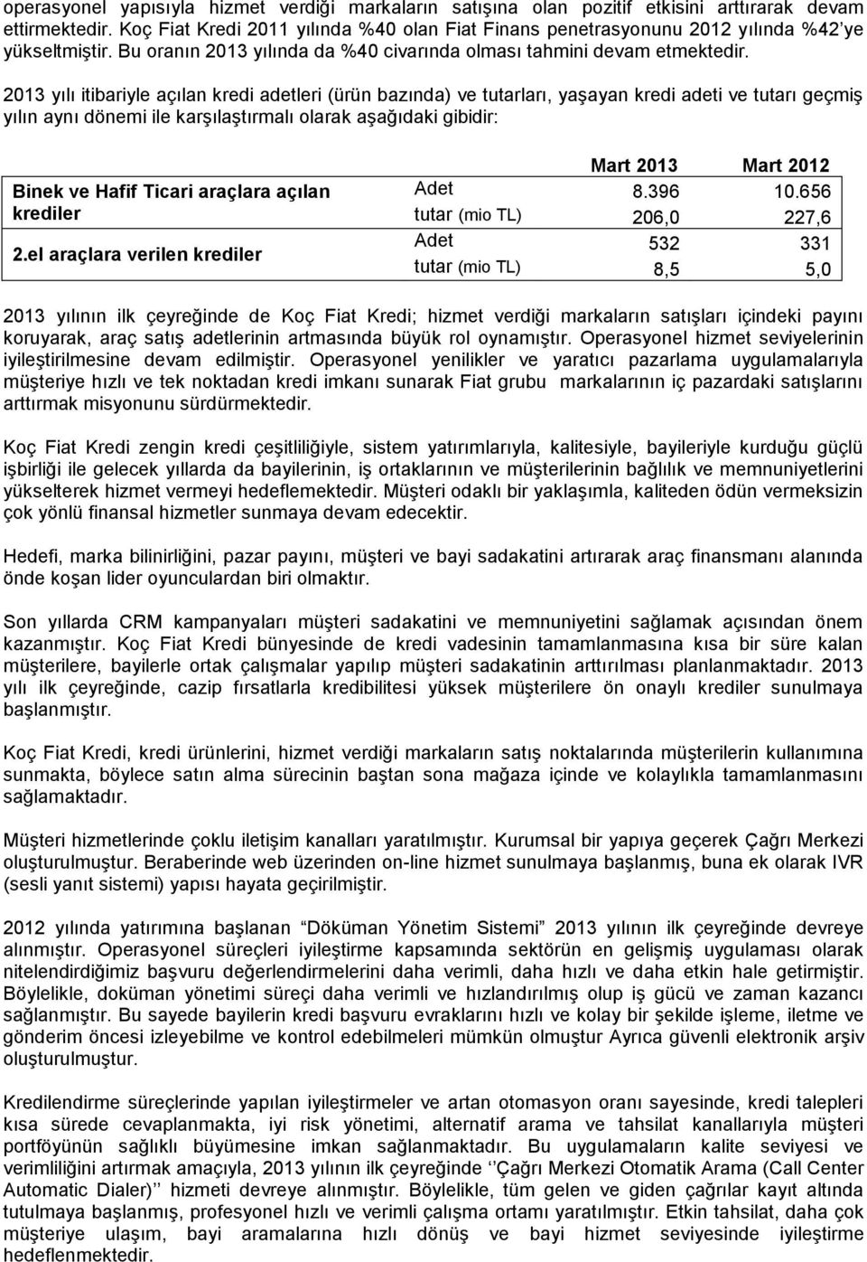 2013 yılı itibariyle açılan kredi adetleri (ürün bazında) ve tutarları, yaşayan kredi adeti ve tutarı geçmiş yılın aynı dönemi ile karşılaştırmalı olarak aşağıdaki gibidir: Binek ve Hafif Ticari