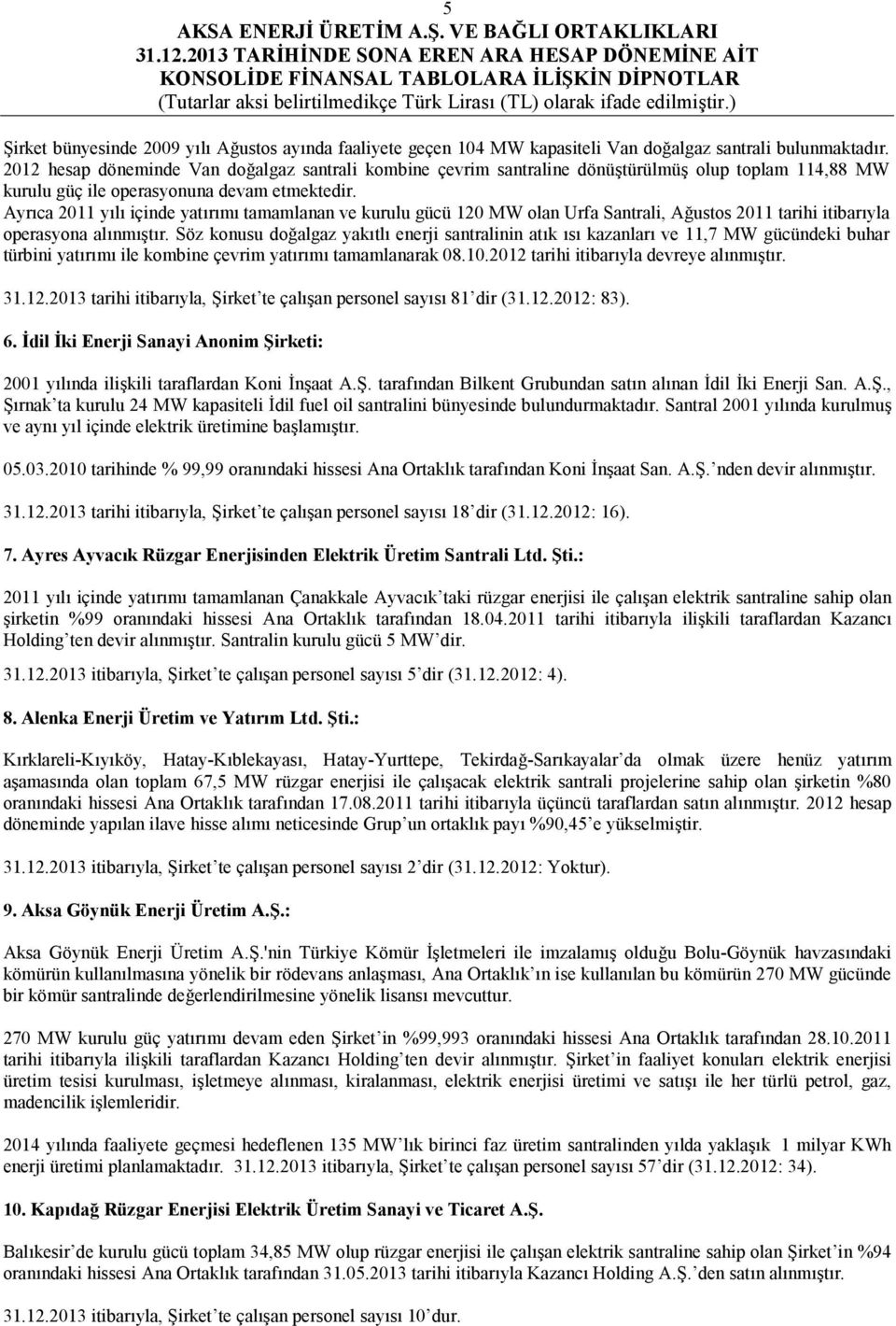 Ayrıca 2011 yılı içinde yatırımı tamamlanan ve kurulu gücü 120 MW olan Urfa Santrali, Ağustos 2011 tarihi itibarıyla operasyona alınmıştır.