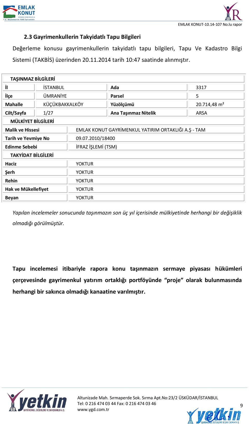 714,48 m² Cilt/Sayfa 1/27 Ana Taşınmaz Nitelik ARSA MÜLKİYET BİLGİLERİ Malik ve Hissesi EMLAK KONUT GAYRİMENKUL YATIRIM ORTAKLIĞI A.Ş - TAM Tarih ve Yevmiye No 09.07.