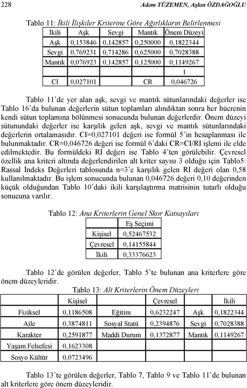 sütun toplamları alındıktan sonra her hücrenin kendi sütun toplamına bölünmesi sonucunda bulunan değerlerdir.