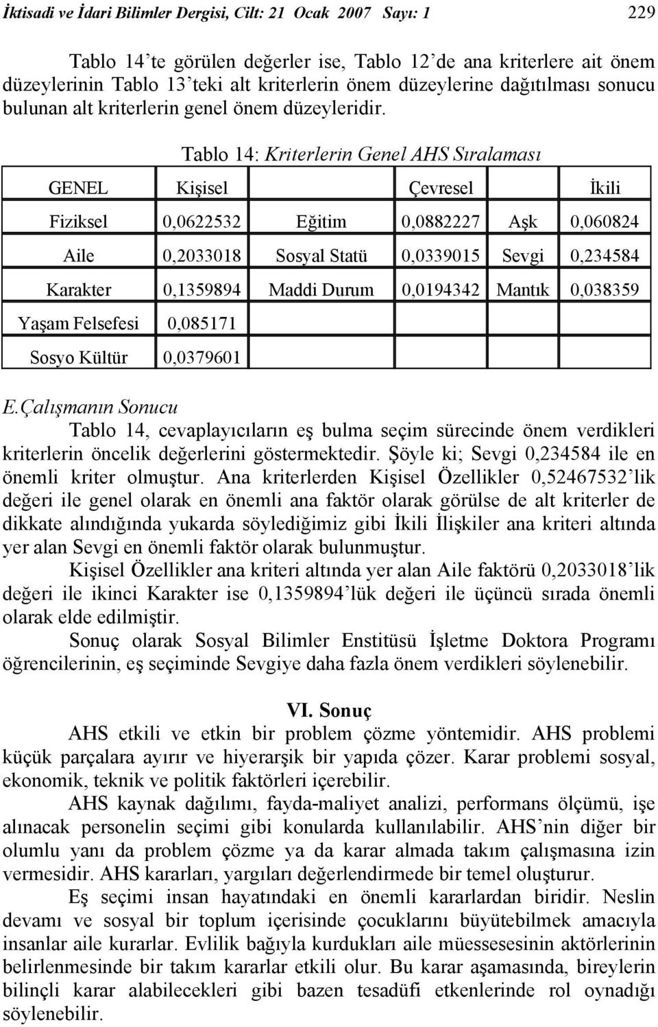 Tablo 14: Kriterlerin Genel AHS Sıralaması GENEL Kişisel Çevresel İkili Fiziksel 0,0622532 Eğitim 0,0882227 Aşk 0,060824 Aile 0,2033018 Sosyal Statü 0,0339015 Sevgi 0,234584 Karakter 0,1359894 Maddi