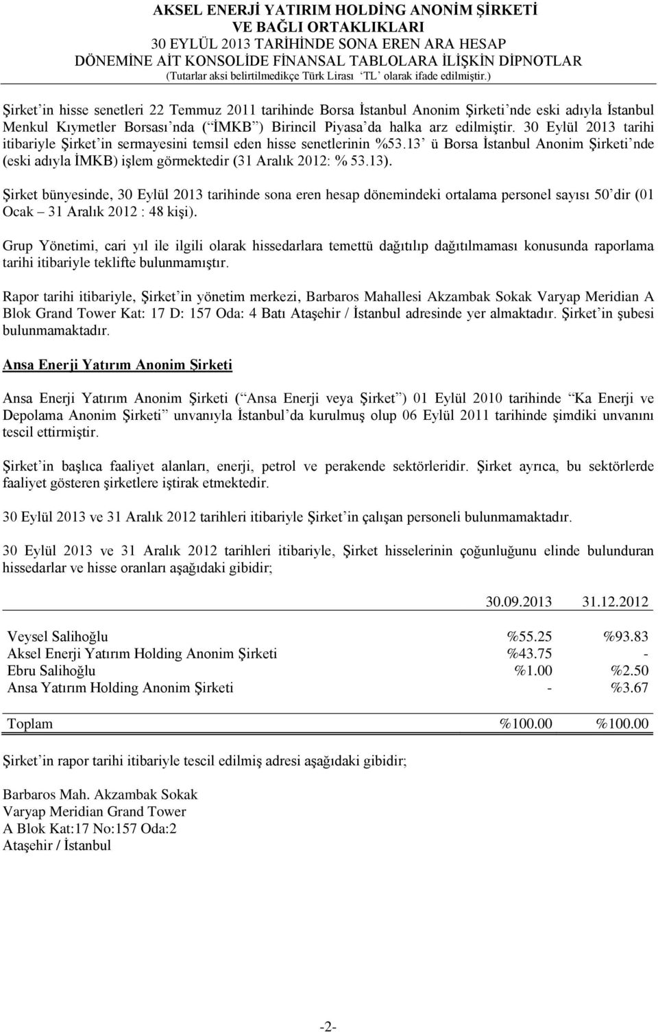 Şirket bünyesinde, 30 Eylül 2013 tarihinde sona eren hesap dönemindeki ortalama personel sayısı 50 dir (01 Ocak 31 Aralık 2012 : 48 kişi).