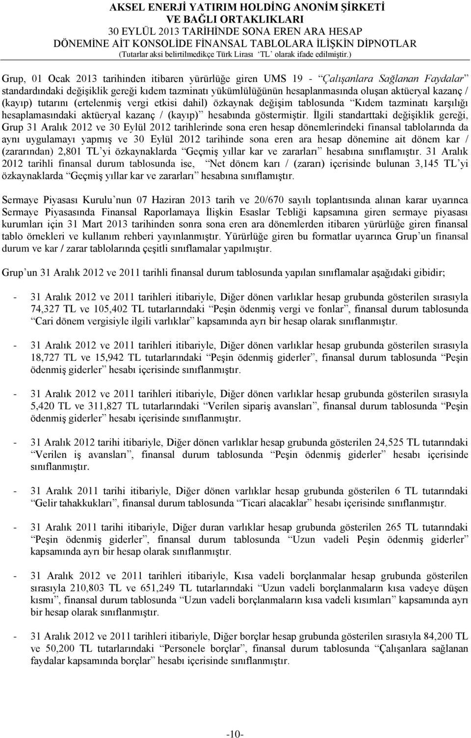 İlgili standarttaki değişiklik gereği, Grup 31 Aralık 2012 ve 30 Eylül 2012 tarihlerinde sona eren hesap dönemlerindeki finansal tablolarında da aynı uygulamayı yapmış ve 30 Eylül 2012 tarihinde sona