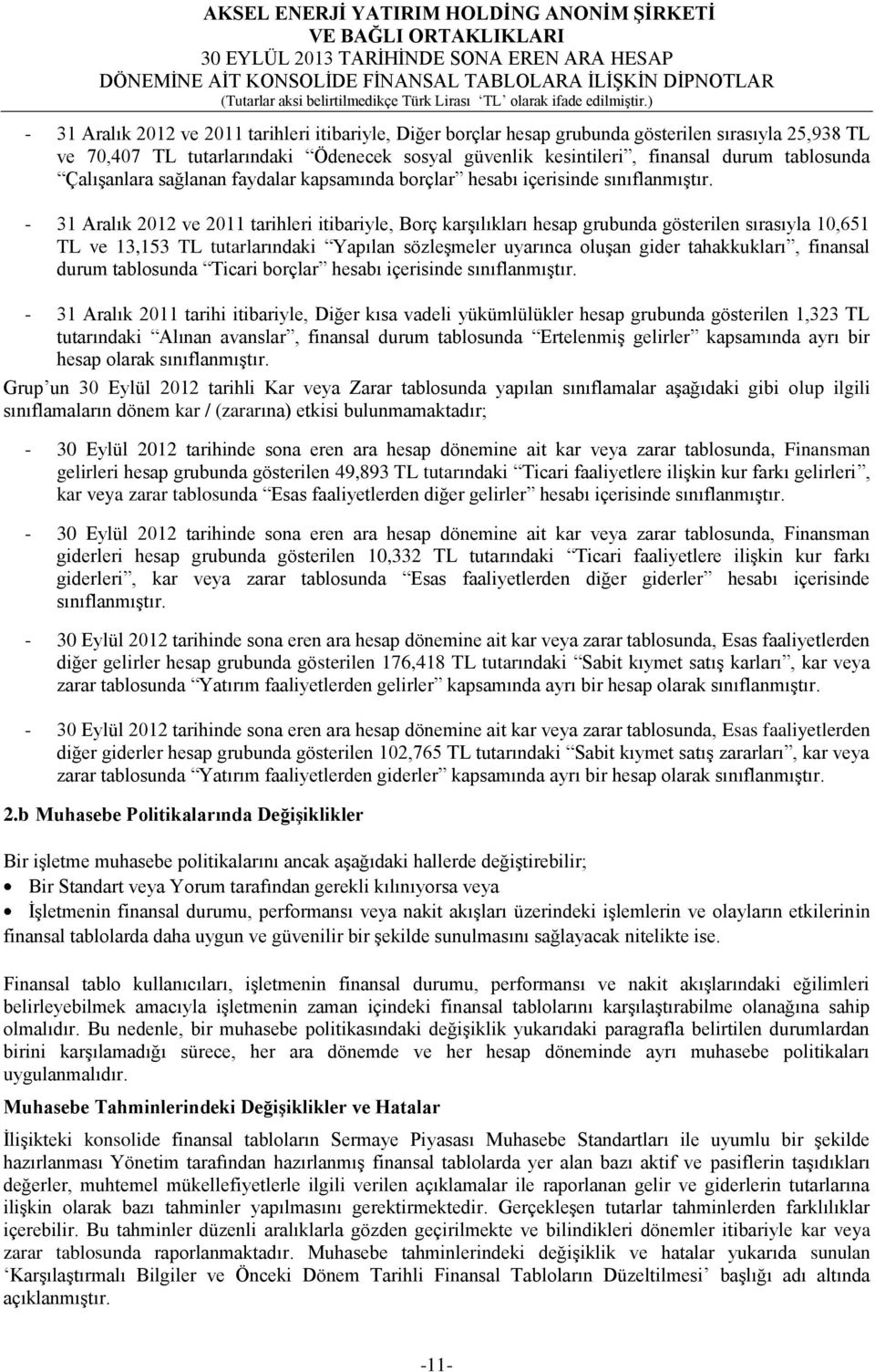 - 31 Aralık 2012 ve 2011 tarihleri itibariyle, Borç karşılıkları hesap grubunda gösterilen sırasıyla 10,651 TL ve 13,153 TL tutarlarındaki Yapılan sözleşmeler uyarınca oluşan gider tahakkukları,