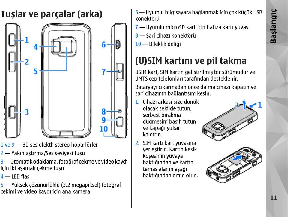 2 megapiksel) fotoğraf çekimi ve video kaydı için ana kamera 6 Uyumlu bilgisayara bağlanmak için çok küçük USB konektörü 7 Uyumlu microsd kart için hafıza kartı yuvası 8 Şarj cihazı konektörü 10