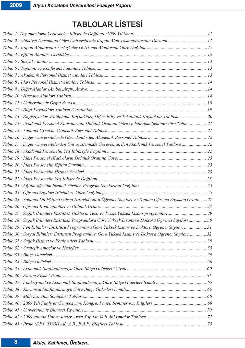 .. 12 Tablo 4 : Eğitim Alanlar Derslikler... 12 Tablo 5 : Sosyal Alanlar... 13 Tablo 6 : Toplant ve Konferans Salonlar Tablosu... 13 Tablo 7 : Akademik Personel Hizmet Alanlar Tablosu.