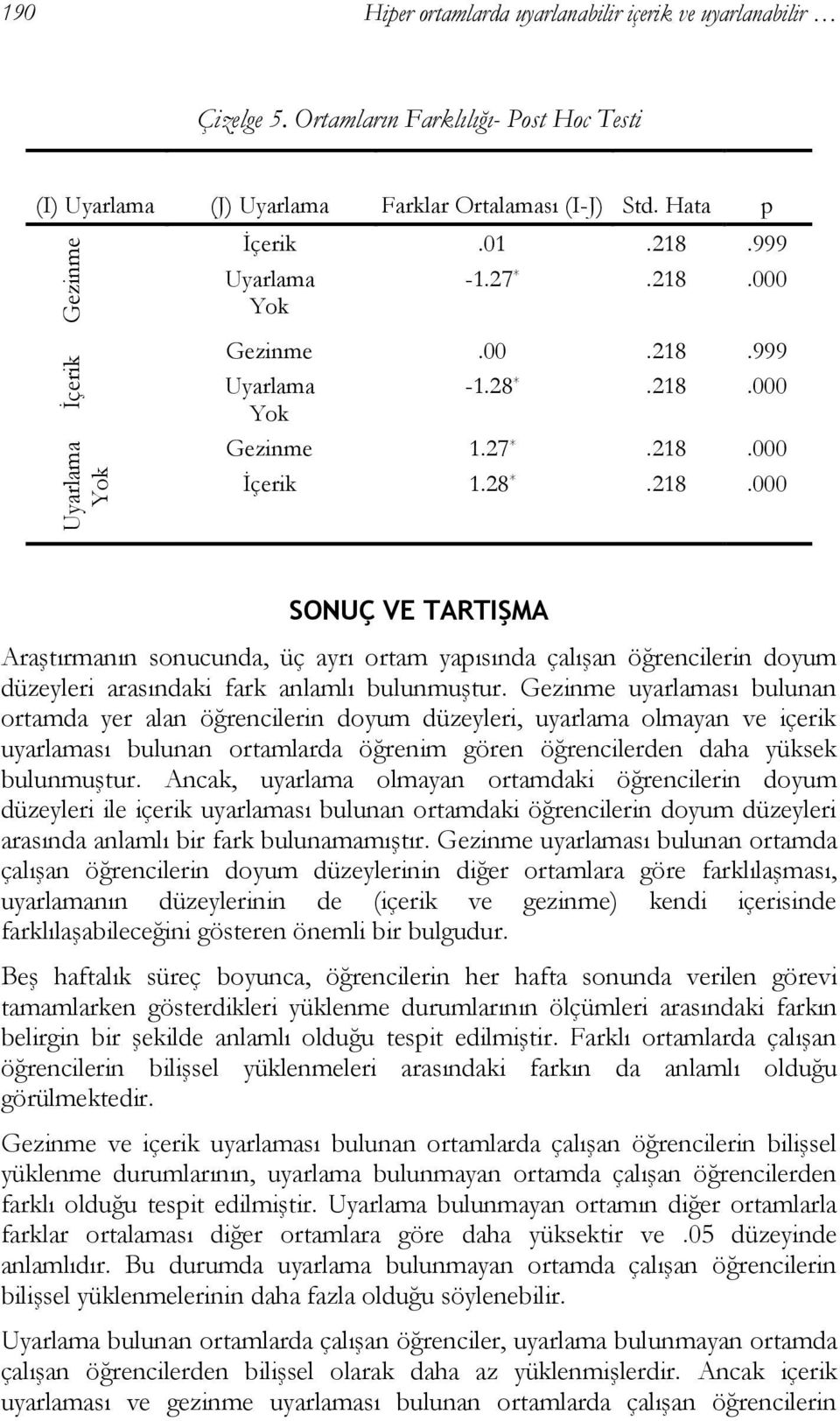 Gezinme uyarlaması bulunan ortamda yer alan öğrencilerin doyum düzeyleri, uyarlama olmayan ve içerik uyarlaması bulunan ortamlarda öğrenim gören öğrencilerden daha yüksek bulunmuştur.