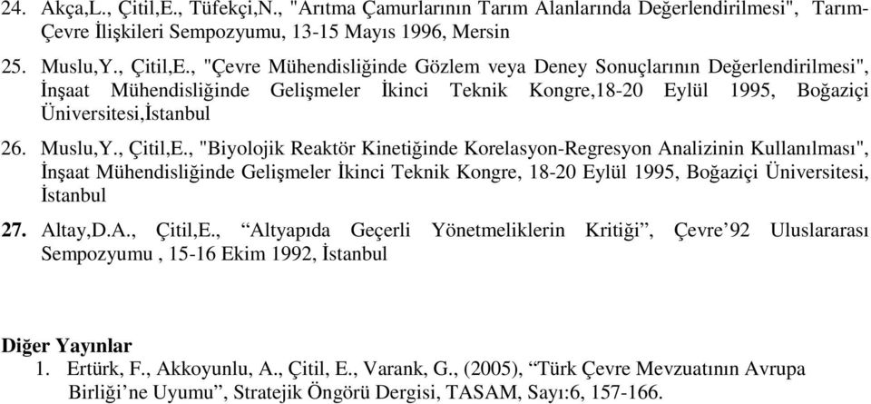 Altay,D.A., Çitil,E., Altyapıda Geçerli Yönetmeliklerin Kritiği, Çevre 92 Uluslararası Sempozyumu, 15-16 Ekim 1992, Diğer Yayınlar 1. Ertürk, F., Akkoyunlu, A., Çitil, E., Varank, G.