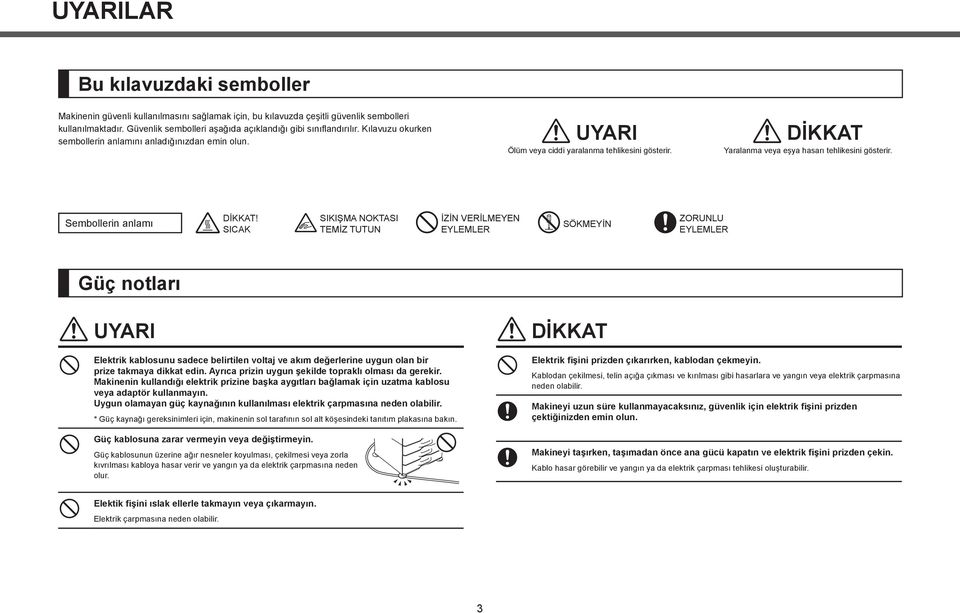 DİKKAT Yaralanma veya eşya hasarı tehlikesini gösterir. Sembollerin anlamı DİKKAT!
