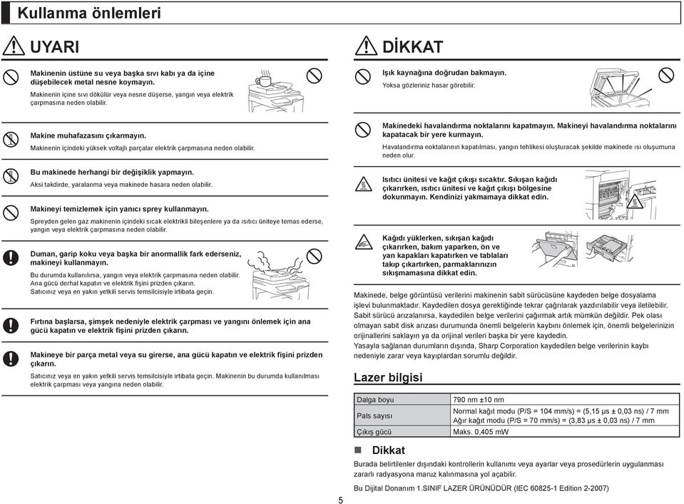 Makinenin içindeki yüksek voltajlı parçalar elektrik çarpmasına neden olabilir. Bu makinede herhangi bir değişiklik yapmayın. Aksi takdirde, yaralanma veya makinede hasara neden olabilir.