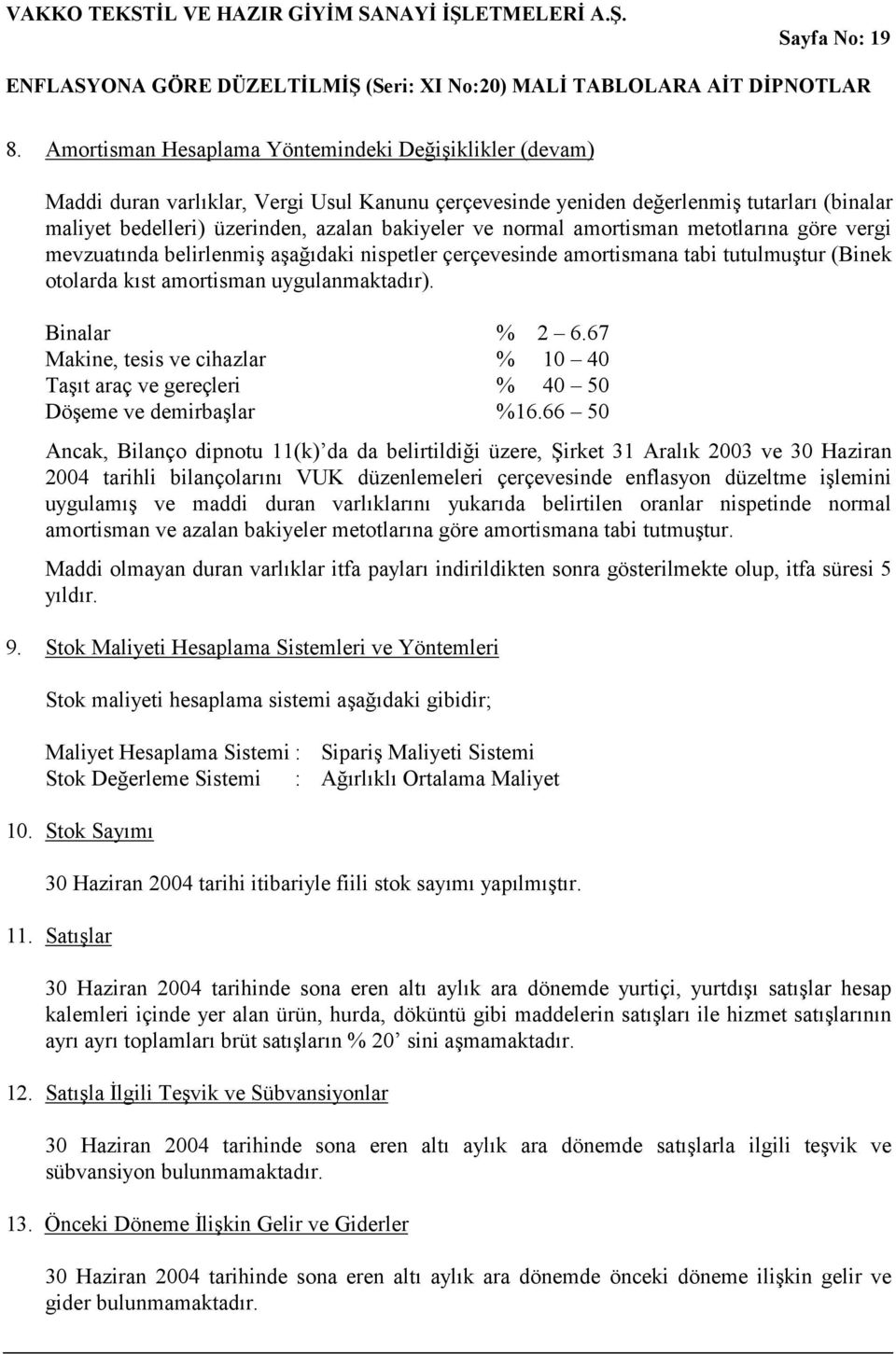 normal amortisman metotlarına göre vergi mevzuatında belirlenmiş aşağıdaki nispetler çerçevesinde amortismana tabi tutulmuştur (Binek otolarda kıst amortisman uygulanmaktadır). Binalar % 2 6.