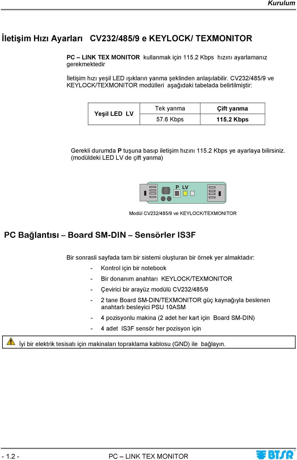CV232/485/9 ve KEYLOCK/TEXMONITOR modülleri aşağıdaki tabelada belirtilmiştir: Yeşil LED LV Tek yanma Çift yanma 57.6 Kbps 115.2 Kbps Gerekli durumda P tuşuna basıp iletişim hızını 115.