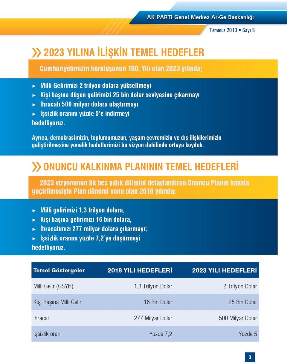 indirmeyi hedefliyoruz. Ayrıca, demokrasimizin, toplumumuzun, yaşam çevremizin ve dış ilişkilerimizin geliştirilmesine yönelik hedeflerimizi bu vizyon dahilinde ortaya koyduk.