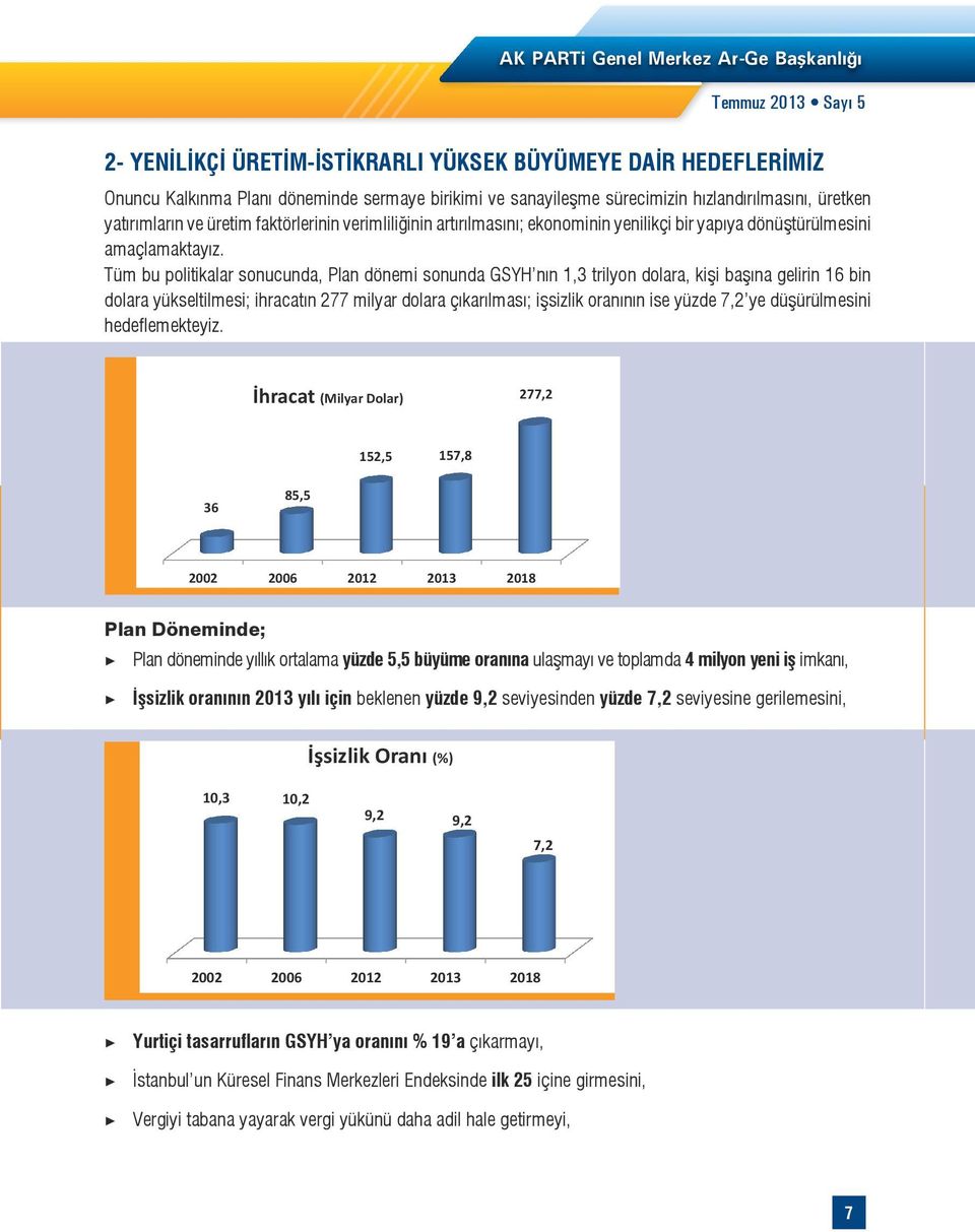 Tüm bu politikalar sonucunda, Plan dönemi sonunda GSYH nın 1,3 trilyon dolara, kişi başına gelirin 16 bin dolara yükseltilmesi; ihracatın 277 milyar dolara çıkarılması; işsizlik oranının ise yüzde