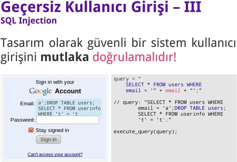 query = SELECT * FROM users WHERE email = ' + email + '; a';drop TABLE users; SELECT *