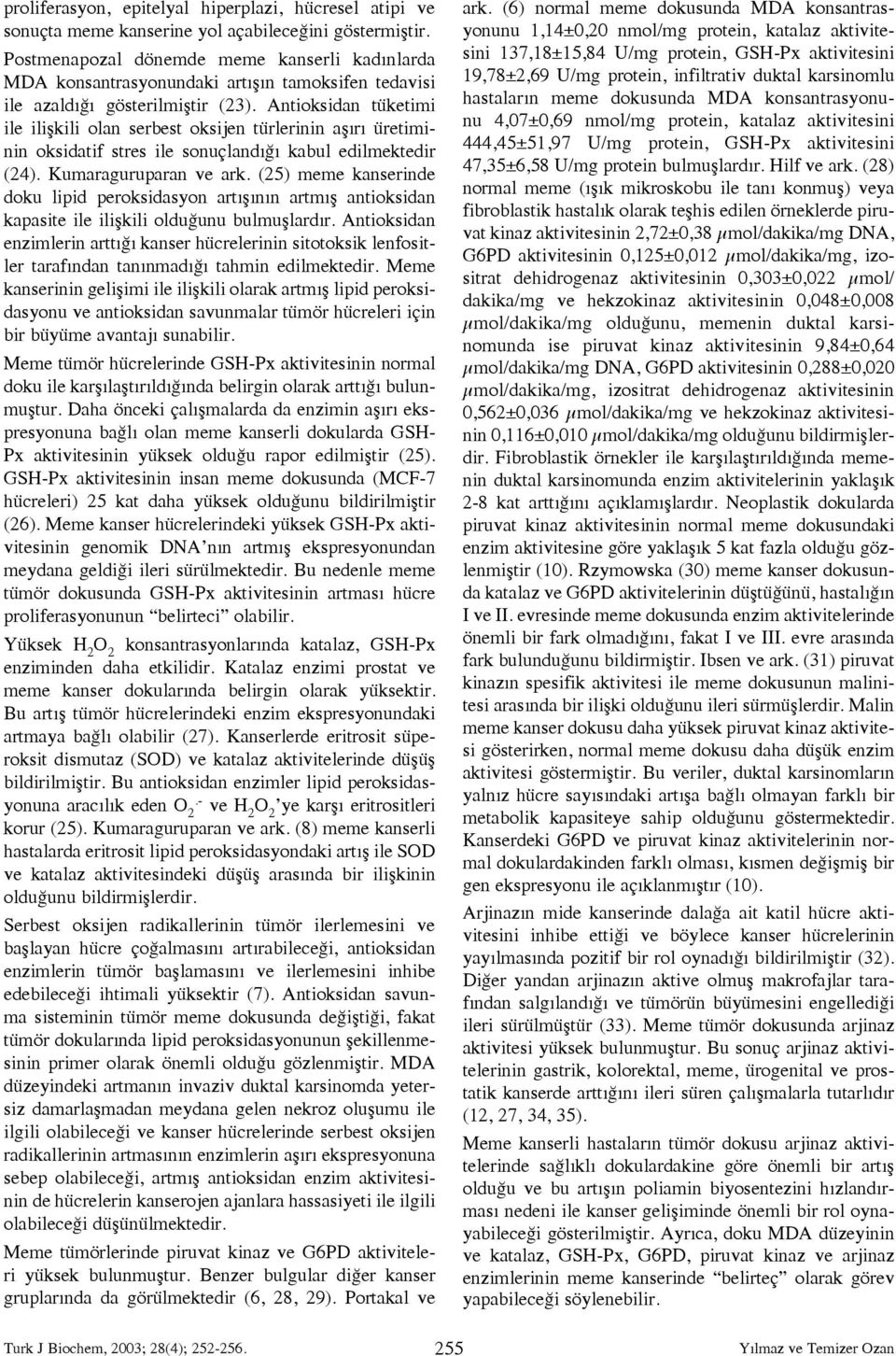 Antioksidan tüketimi ile ilişkili olan serbest oksijen türlerinin aşırı üretiminin oksidatif stres ile sonuçlandığı kabul edilmektedir (24). Kumaraguruparan ve ark.