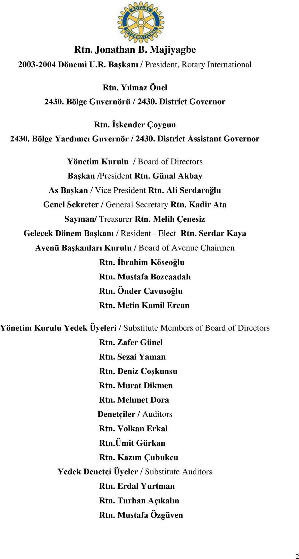 Ali Serdaroğlu Genel Sekreter / General Secretary Rtn. Kadir Ata Sayman/ Treasurer Rtn. Melih Çenesiz Gelecek Dönem Başkanı / Resident - Elect Rtn.