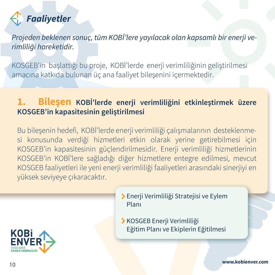 Bileşen KOBİ lerde enerji verimliliğini etkinleştirmek üzere KOSGEB in kapasitesinin geliştirilmesi Bu bileşenin hedefi, KOBİ lerde enerji verimliliği çalışmalarının desteklenmesi konusunda verdiği