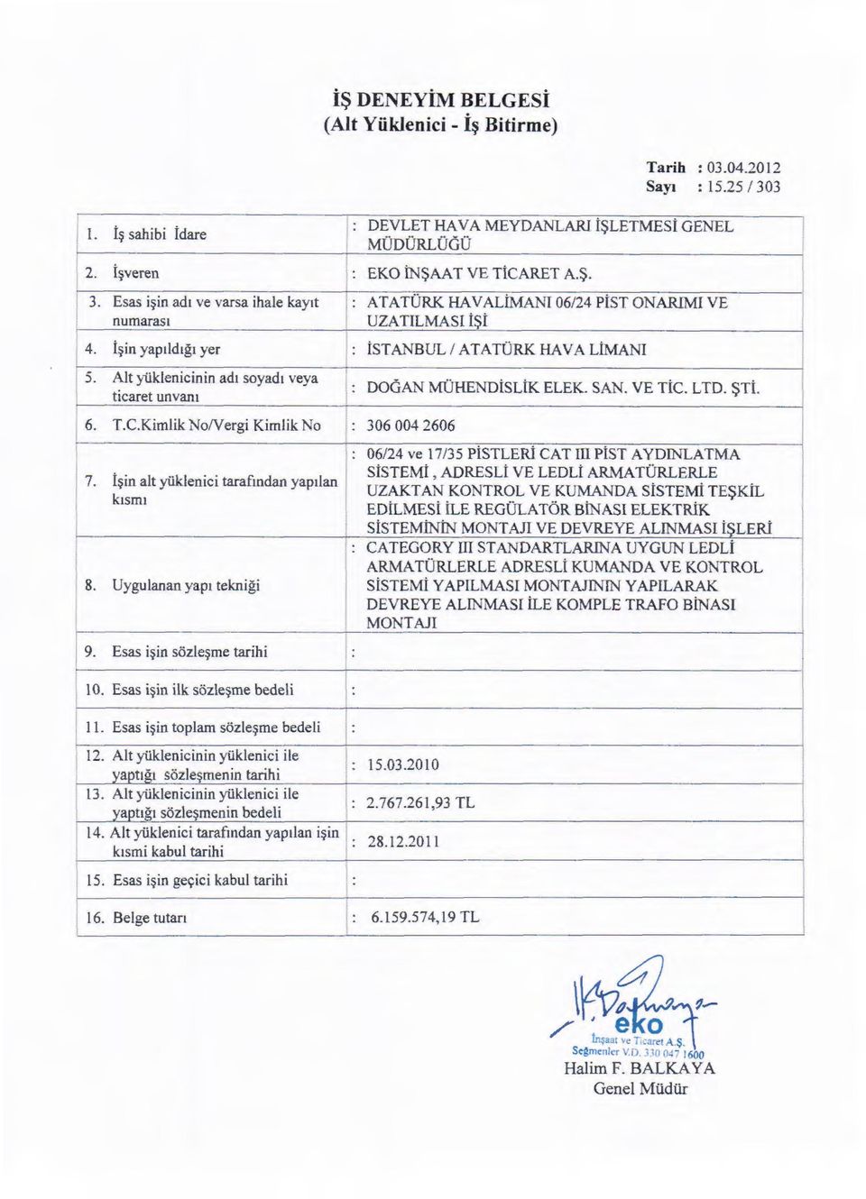 iklenicinin adt soyadt veya DOGAN MVHENDiSLiK ELEK. SAN. VE TiC. LTD. $Ti. ticaret unvam --------------~~---------------- 306 004 2606 7. i~in alt yuklenici tarafmdan yapllan r I klsm1 I 8.