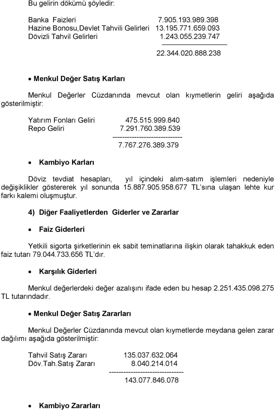 539 ----------------------------- 7.767.276.389.379 Kambiyo Karları Döviz tevdiat hesapları, yıl içindeki alım-satım işlemleri nedeniyle değişiklikler göstererek yıl sonunda 15.887.905.958.