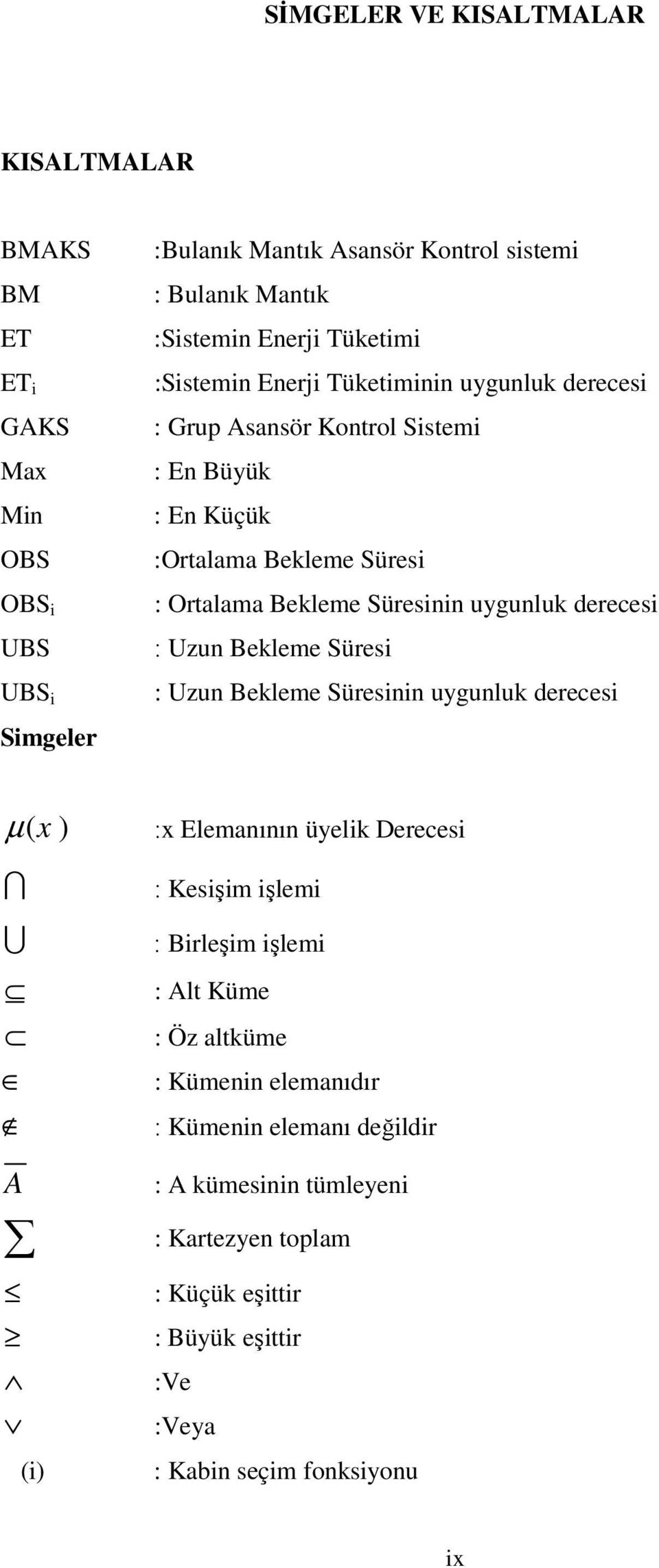 uygunluk derecesi : Uzun Bekleme Süresi : Uzun Bekleme Süresinin uygunluk derecesi µ ( x ) I U A (i) :x Elemanının üyelik Derecesi : Kesişim işlemi : Birleşim işlemi :