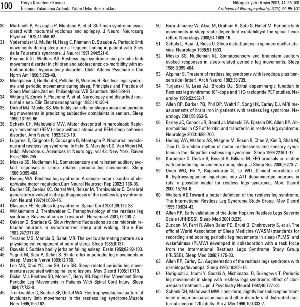 Periodic limb movements during sleep are a frequent finding in patient with Giles de la Tourette's syndrome. J Neurol 1997;244:521-6. 32. Picchietti DL, Walters AS.
