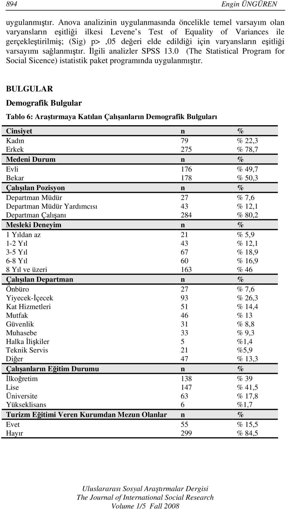 varyansların eşitliği varsayımı sağlanmıştır. İlgili analizler SPSS 13.0 (The Statistical Program for Social Sicence) istatistik paket programında uygulanmıştır.