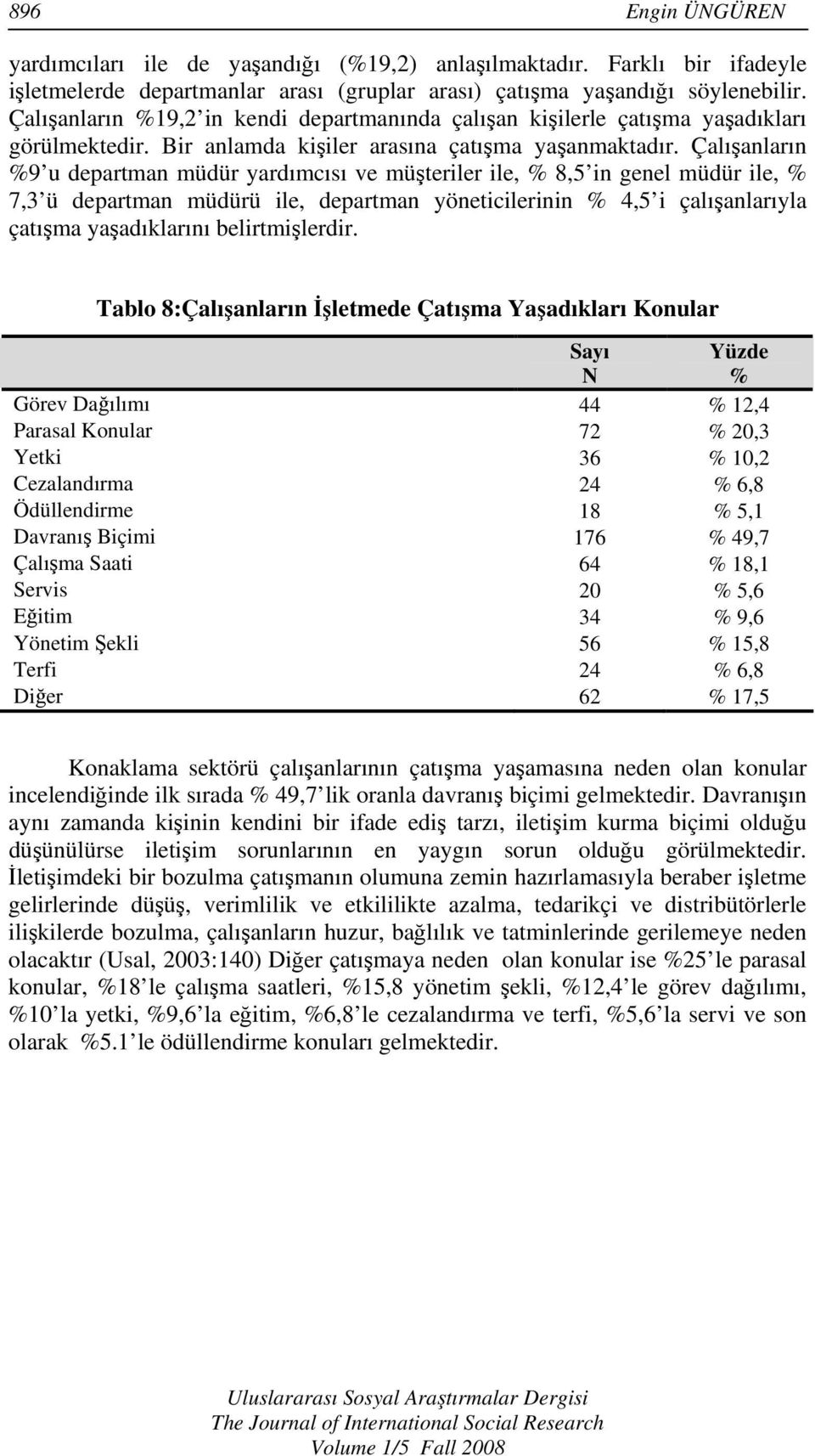 Çalışanların %9 u departman müdür yardımcısı ve müşteriler ile, % 8,5 in genel müdür ile, % 7,3 ü departman müdürü ile, departman yöneticilerinin % 4,5 i çalışanlarıyla çatışma yaşadıklarını