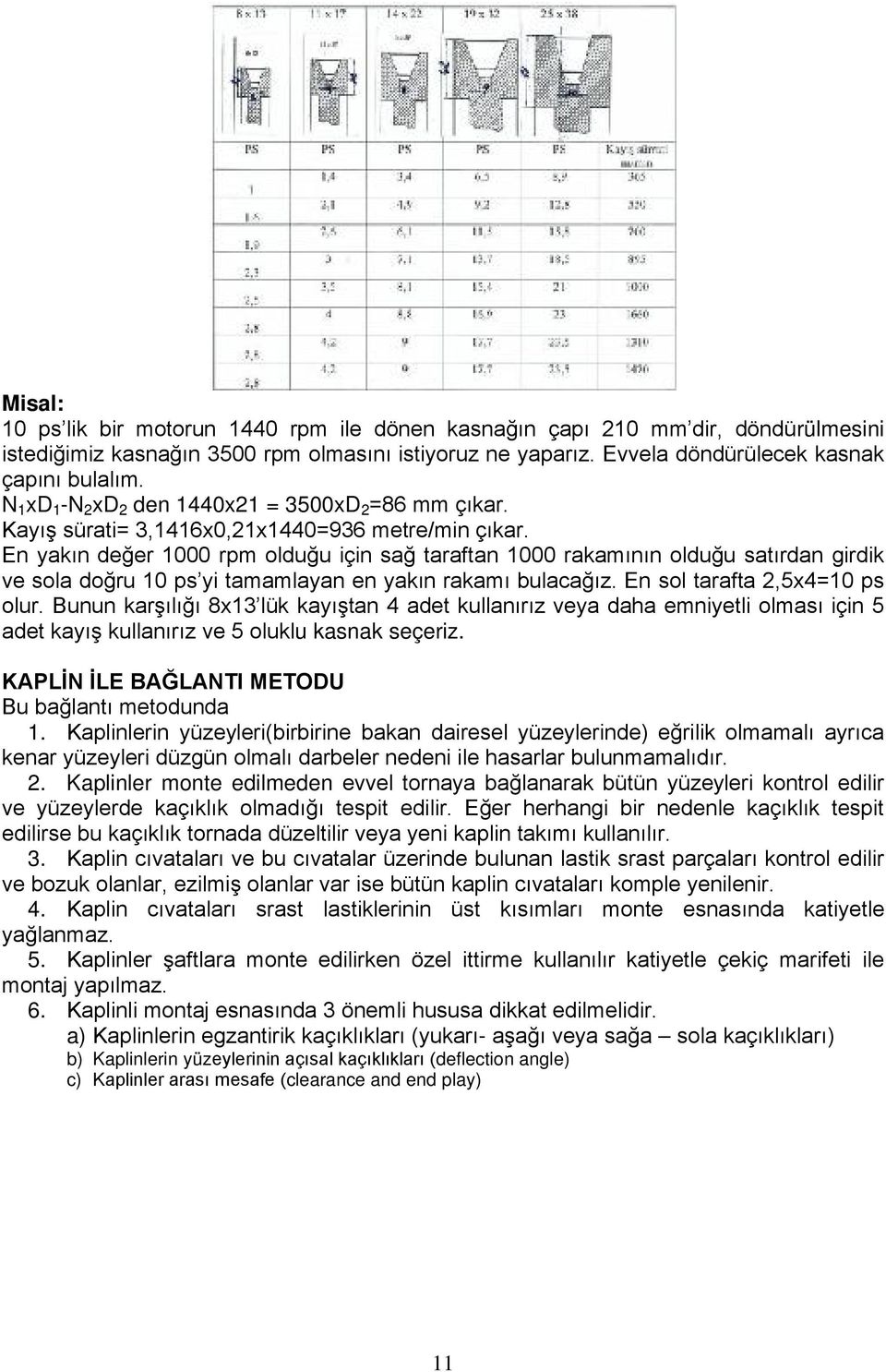 En yakın değer 1000 rpm olduğu için sağ taraftan 1000 rakamının olduğu satırdan girdik ve sola doğru 10 ps yi tamamlayan en yakın rakamı bulacağız. En sol tarafta 2,5x4=10 ps olur.